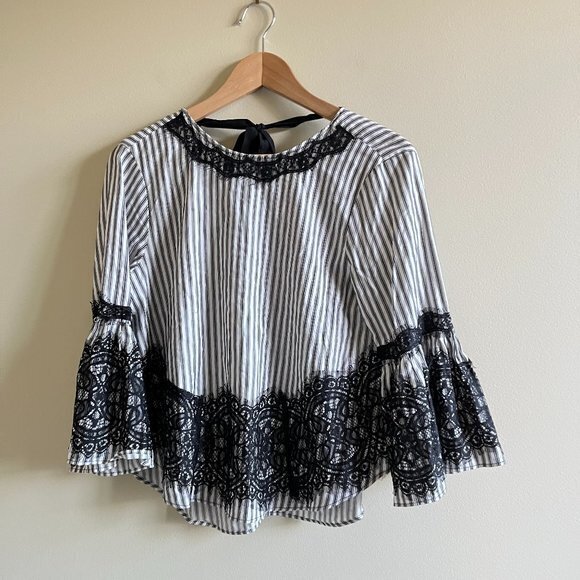 Zara Striped Bell Sleeve Top with Lace Detailing Womens Size S Blouse Crewneck - Picture 6 of 11